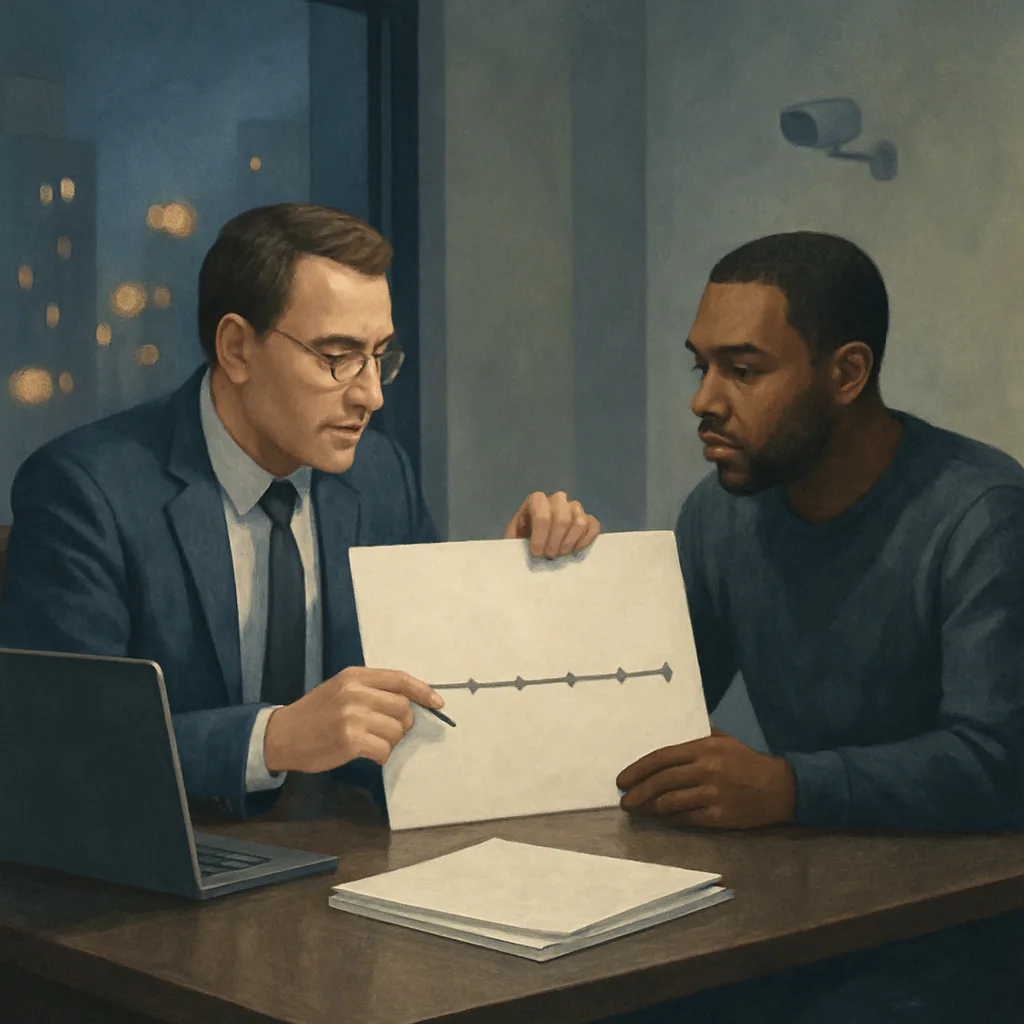 Attorney and client reviewing evidence in a New York self-defense assault case