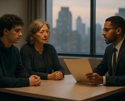 Young person discussing NYC assault youthful offender treatment in a confidential legal consultation