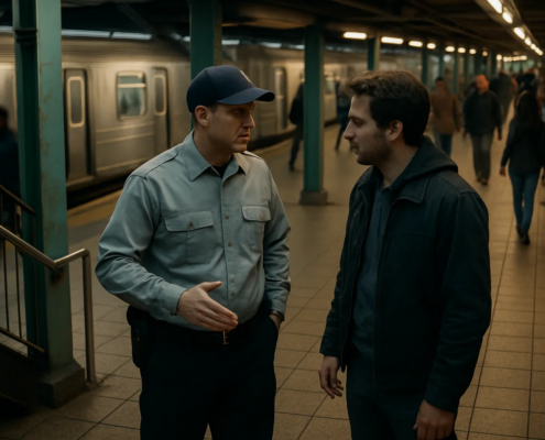 Assault on NYC transit worker allegation shown in a neutral New York City subway setting