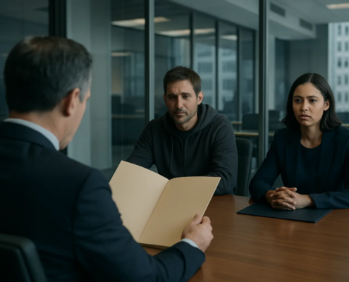 NYC workplace assault criminal charges and employment discipline concept in a professional office